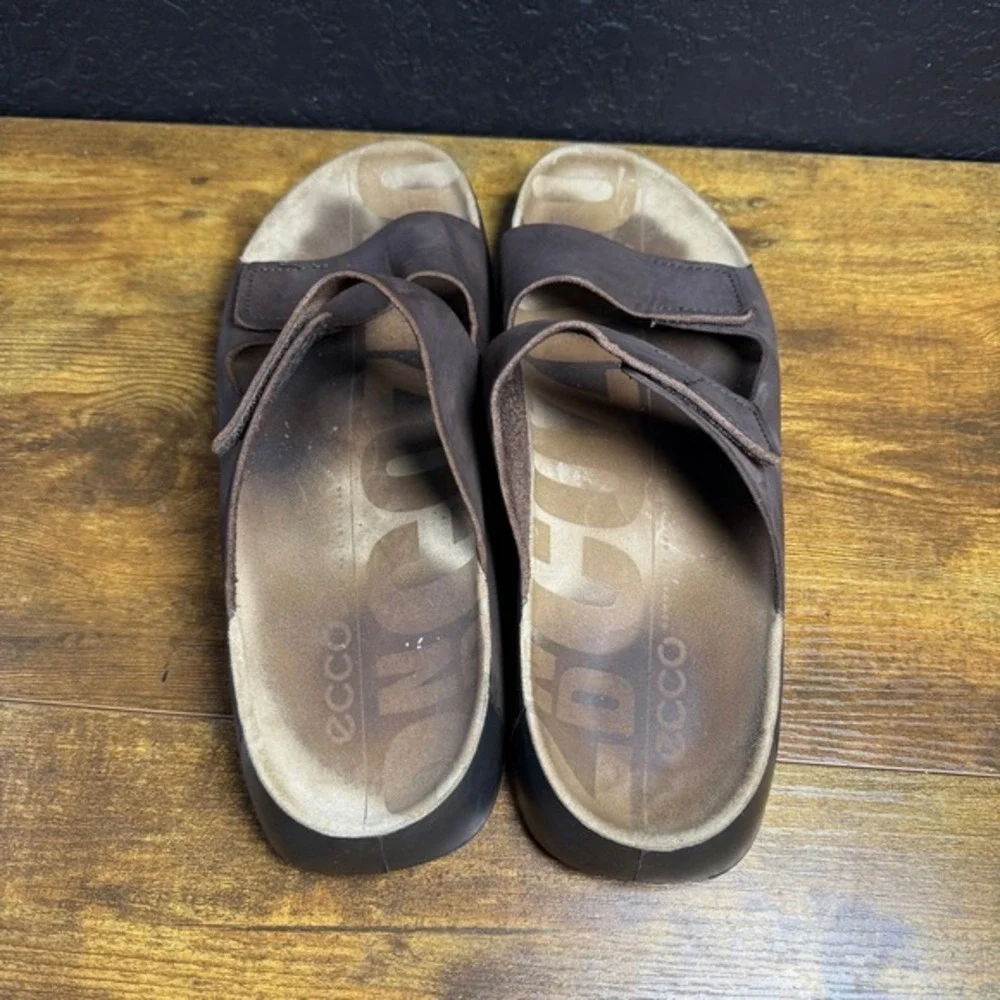 Ecco On-The-Go‎ Brown Leather Adjustable Strap Slide Sandals Mens 44